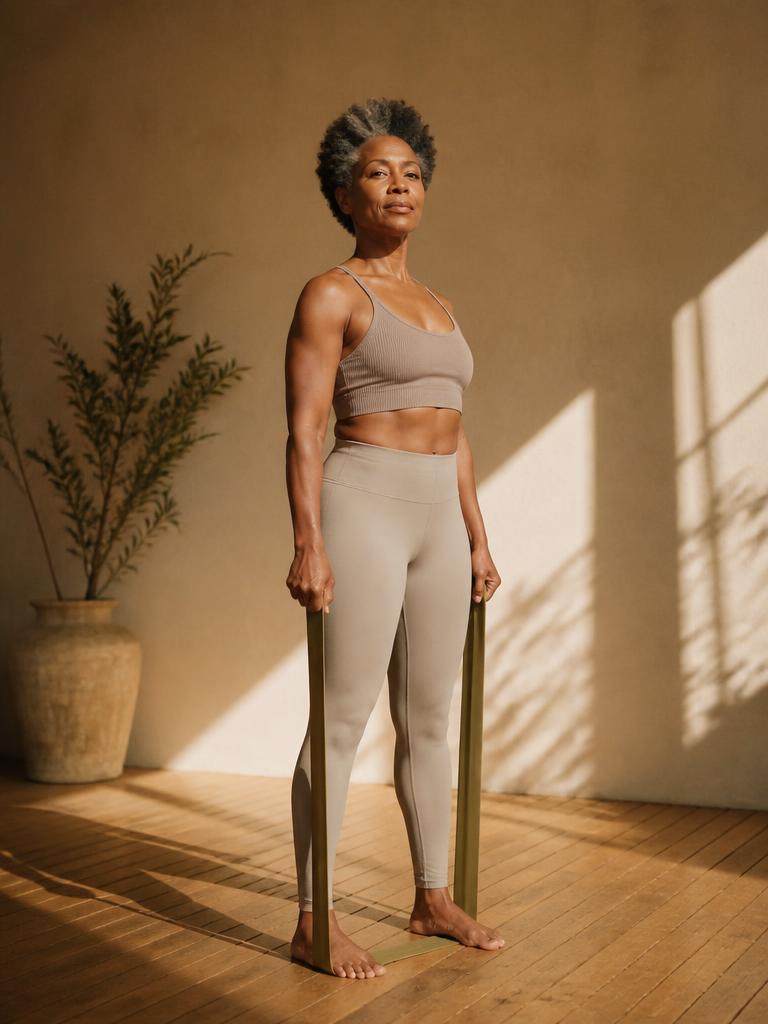 Woman in her fifties standing with a resistance band in a warm studio