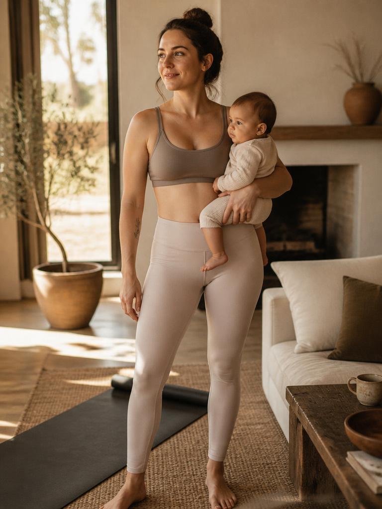 Mother holding her baby on her hip beside a yoga mat at home