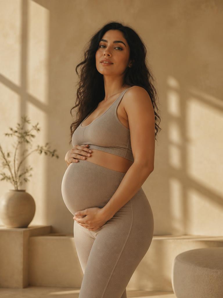 Pregnant woman in neutral activewear resting her hands on her bump in a sunlit studio